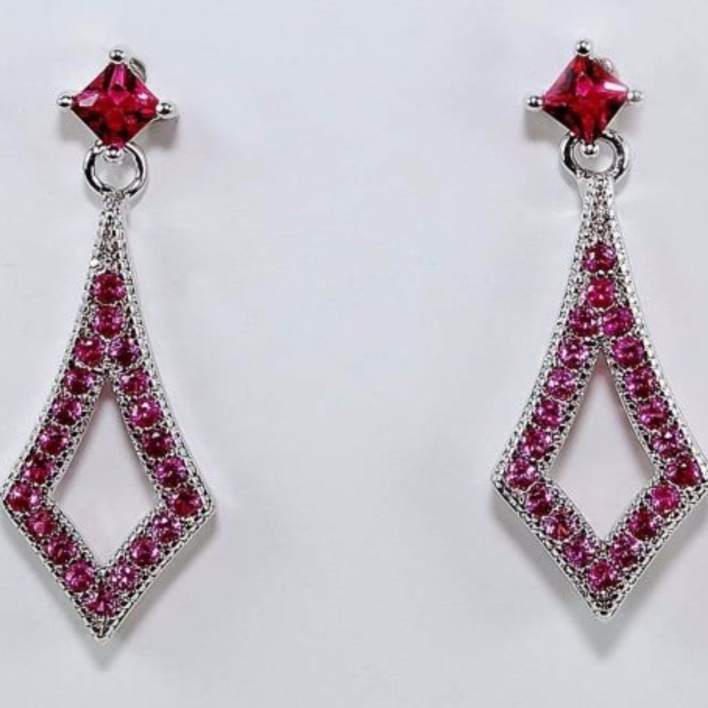 Diamond Shape 2CT Ruby 925 Silver Drop Earrings